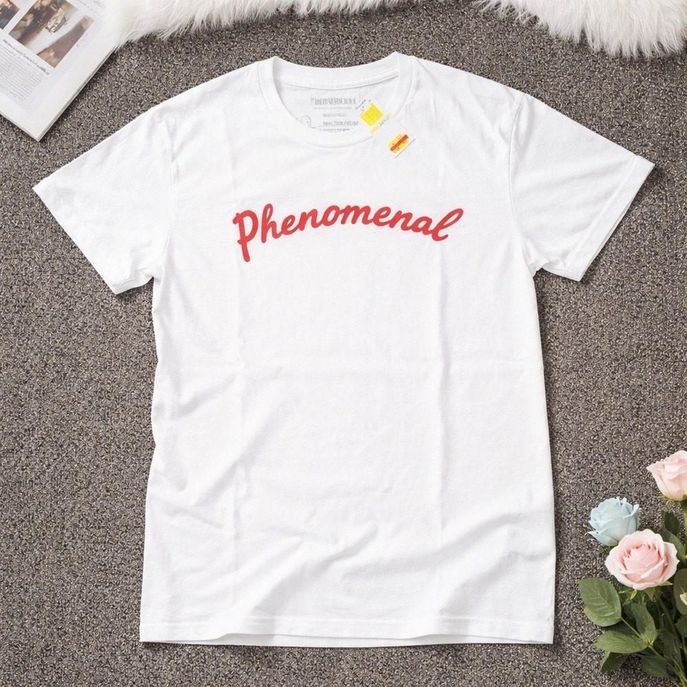 Phenomenal Woman Script T-Shirt White Red Logo Cotton Crew Neck Medium NWT